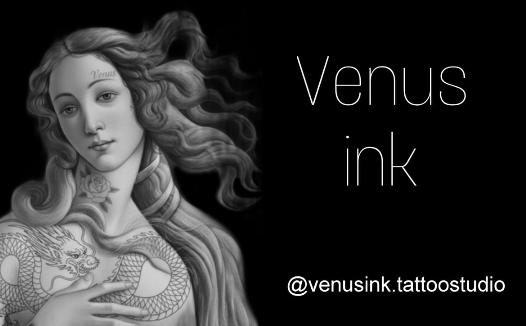 Identidad visual de Venus Ink Tattoo Studio: ilustración monocromática de Venus y el usuario @venusink.tattoostudio